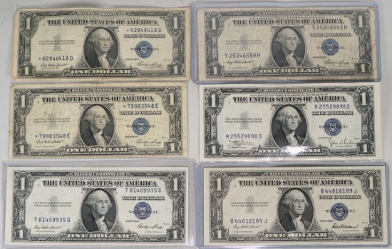 6 Series Of 1935 $1 Blue Seal Silver Certificates, 2-1935-E Star Notes, 2-1935-E,1935-C,1935-F