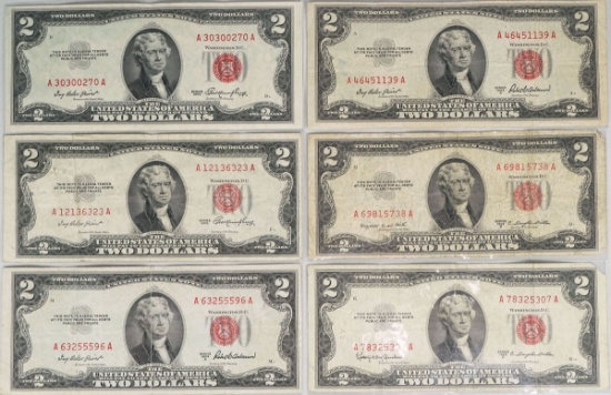 6 $2 Red Seal Notes; 2-1953, 2-1953-A, 1953-B, 1953-C