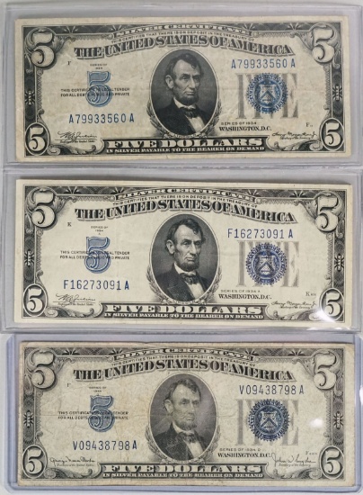 3 -  $5 Blue Seal Silver Certificates; 1934, 1934-A, & 1934-D