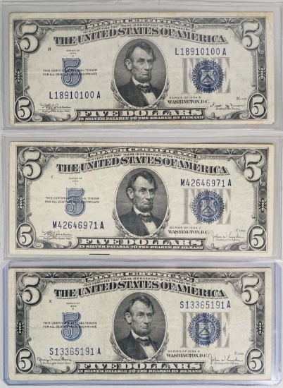 3 -  $5 Blue Seal Silver Certificates; 1934-B, 1934-C, & 1934-D