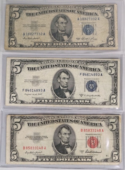 1953/1953-B $5 Blue Seal Silver Certificates & 1953-A $5 Red Seal Note