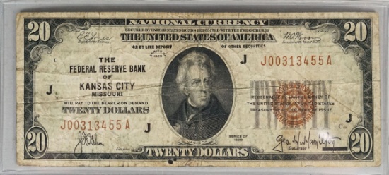 1929 $20 Brown Seal Note From The Federal Reserve of Kansas City Mo