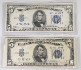 2 - $5 1934A & 1934D Blue Seal Silver Certificates