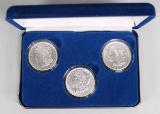 3 U.S. Mint Morgan Silver Dollars; 1921, 1921-D, 1921-S, In Box