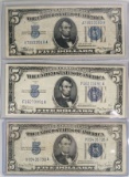 3 -  $5 Blue Seal Silver Certificates; 1934, 1934-A, & 1934-D
