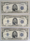 3 -  $5 Blue Seal Silver Certificates; 1934-B, 1934-C, & 1934-D