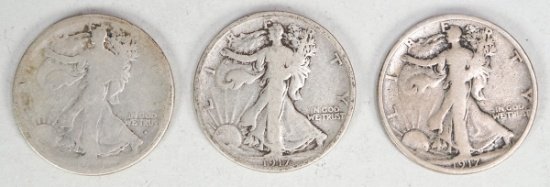 3 - Walking Liberty Silver Half Dollars; 1916-D,1917-D, 1917-S