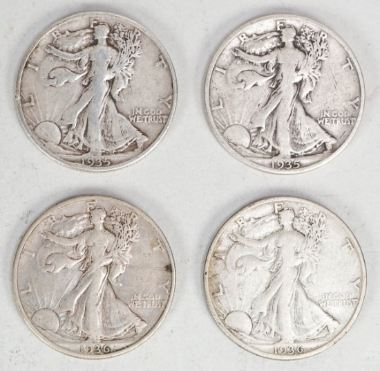 4 - Walking Liberty Silver Half Dollars; 2-1935-S, 1936-D, 1936-S