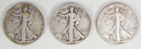 3 - Walking Liberty Silver Half Dollars; 1937-S, 1938-P, 1938-D