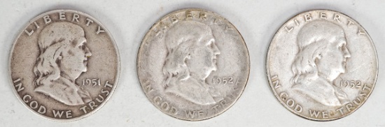 3 - Franklin Silver Half Dollars; 1951-D, 19522-S, 1952-D