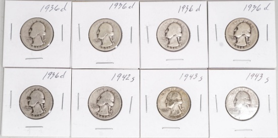 8 - Washington Silver Quarters; Various Dates/Mints