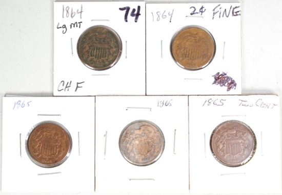 2-1864 & 3-1865 Two (2) Cent Piece Coins