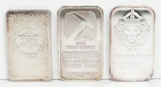 3 - 1 Troy Oz. .999 Fine Silver Bars; Scottsdale Silver