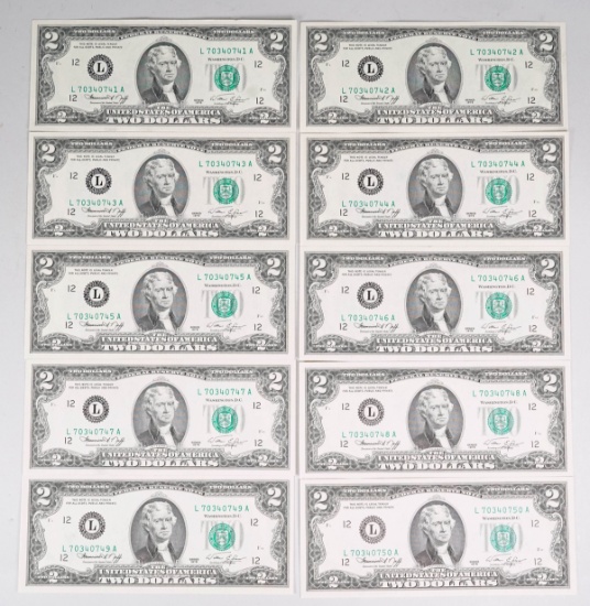 10 - 1976 $2 Consecutive Serial #'s Federal Reserve Notes