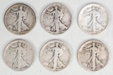 6 - Walking Liberty Silver Half Dollars; 1918-S, 1920-P, 1920-D &