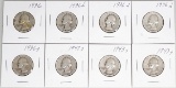 8 - Washington Silver Quarters; Various Dates/Mints