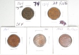 2-1864 & 3-1865 Two (2) Cent Piece Coins