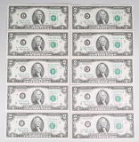 10 - 1976 $2 Consecutive Serial #'s Federal Reserve Notes