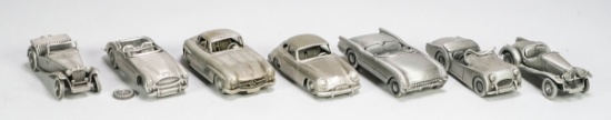 7 Danbury Mint Pewter Cars; MG, Austin Healy,