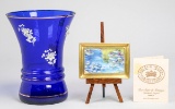 Cobalt Blue Vase W/Enamel Decorations & Small Limoge France Porcelain