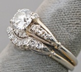 18k Diamond Wedding Set w/ Large Center Stone, Sz. 6.5