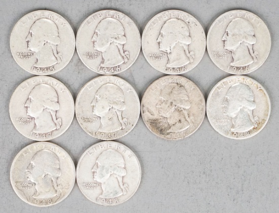 10 Washington Silver Quarters; Various Dates/Mints