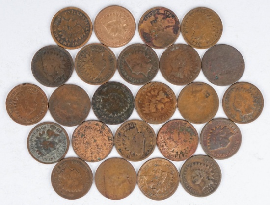 24 Indian Head Pennies; Various Dates/Mints