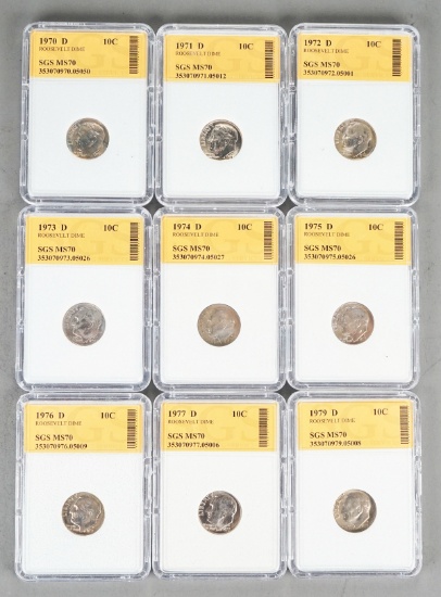 9 Graded Roosevelt Dimes; 1970D, 1971D, 1972D, 1973D, 1974D, 1975D, 1976D, 1977D &