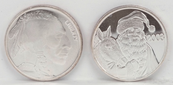 Liberty Indian Head & 2003 Santa 1 Troy Oz. .999 Fine Silver Rounds