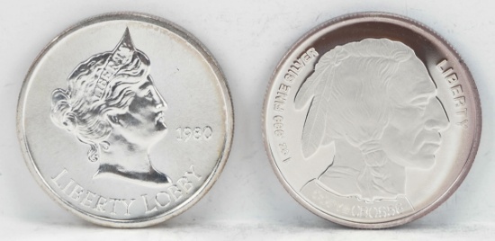 1980 Liberty Lobby & Liberty Indian Head 1 Troy Oz. .999 Fine Silver Rounds