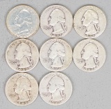 8 Washington Silver Quarters; Various Dates/Mints