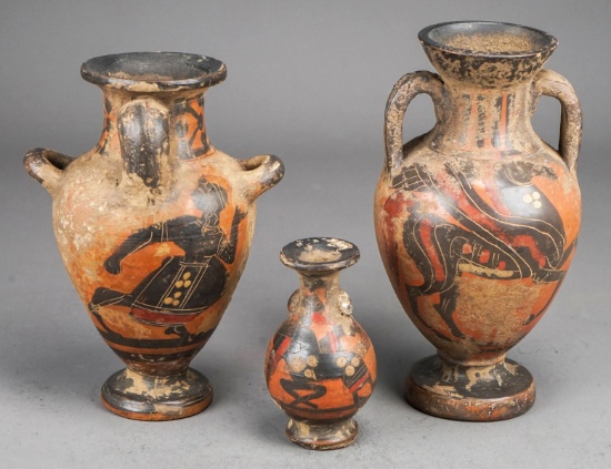 3 Handle Vase W/2 Runners, Miniature Greek Pottery Vase &