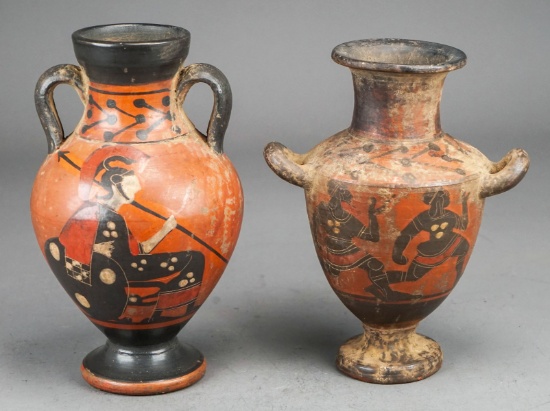 Greek Pottery Vessel W/Soldier & 3 Handle Vessel W/2 Runners