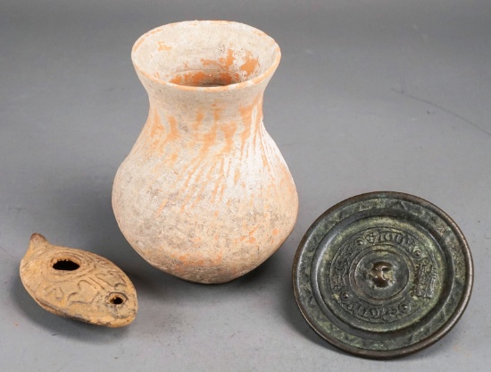 Bronze Chinese Hand Mirror, Hebrew Style Lamp &