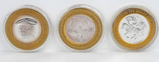 3 Ten Dollar Casino Tokens w/ .999 Silver Inserts