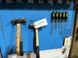 3  Hammers,  2 Picks,  Assorted Handles, 5 Stanley Screwdrivers on Pegboard