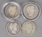 4 Barber Silver Quarters; 1895-O, 1898, 1907-O & 1909