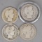 4 Barber Silver Quarters; 1902-O, 1903-O, 1905-O & 1908-O
