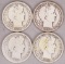 4 Barber Silver Half Dollars; 1911, 1912, 1912-D & 1912-S