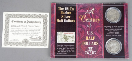 1912-S & 1914-S Barber Silver Half Dollars & 1985 Commemorative Stamp Collector Set