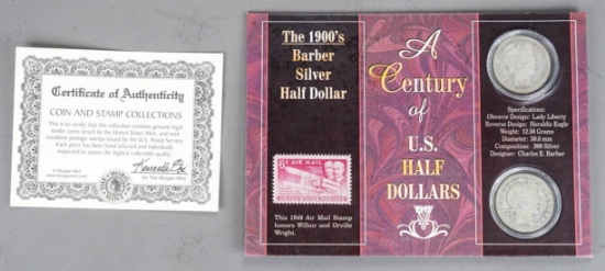 1906-O & 1908-O Barber Silver Half Dollars & 1985 Commemorative Stamp Collector Set