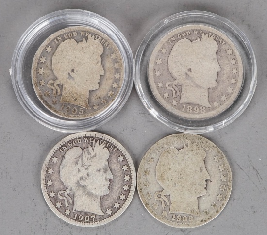 4 Barber Silver Quarters; 1895-O, 1898, 1907-O & 1909