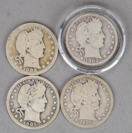 4 Barber Silver Quarters; 1902-O, 1903-O, 1905-O & 1908-O