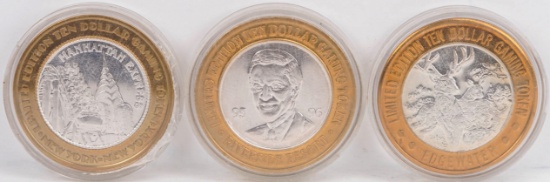 3 Limited Edition $10 Gaming Tokens, .999 Fine Silver (Edgewater, New York New York & Riverside)