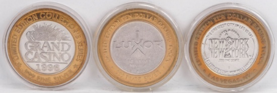 3 Limited Edition $10 Gaming Tokens, .999 Fine Silver (Luxor, Grand Casino & New York New York)
