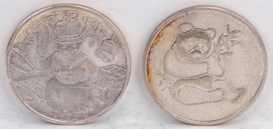 Panda 31.1 Grams 240 Grains .999 Fine Silver & Happy Holidays 1 Troy Oz. .999 Fine Silver Rounds