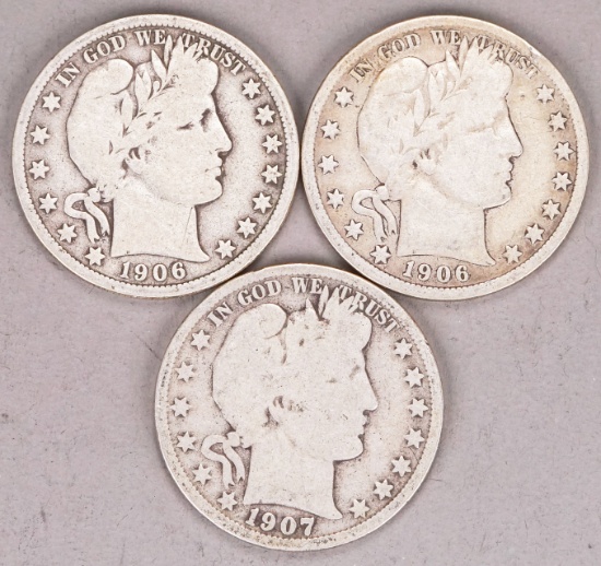 3 Barber Silver Half Dollars; 2-1906-D & 1907-O