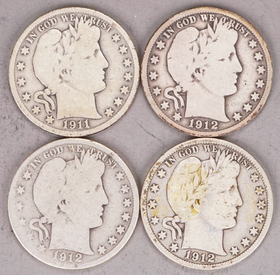 4 Barber Silver Half Dollars; 1911, 1912, 1912-D & 1912-S