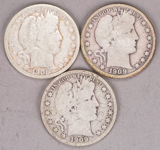 3 Barber Silver Half Dollars; 1908-O, 1909 & 1909-S