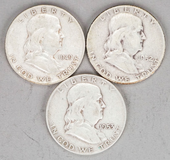 3 Franklin Silver Half Dollars; 1949-S, 1952 & 1953-D